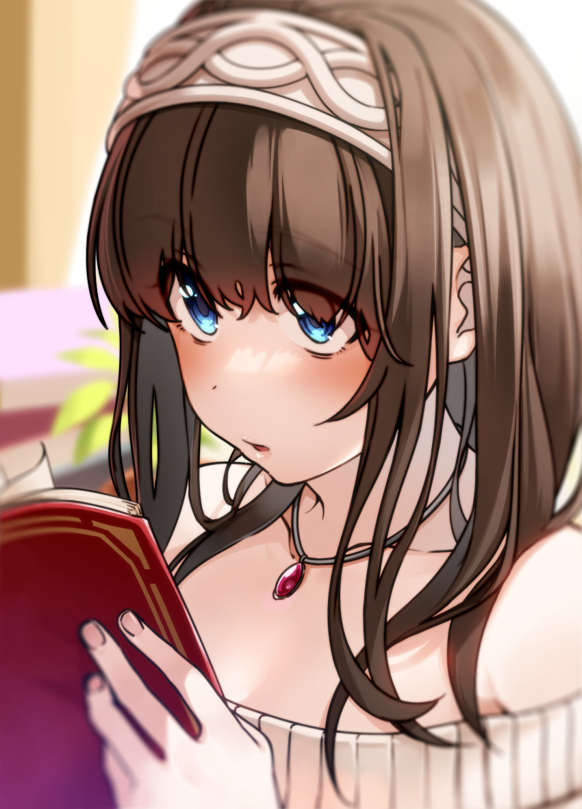 absurdres black_hair blue_eyes blush book breasts eyebrows_visible_through_hair hairband highres holding holding_book idolmaster idolmaster_cinderella_girls jewelry kakaobataa large_breasts off-shoulder_sweater off_shoulder open_mouth pendant ribbed_sweater sagisawa_fumika shawl sweater