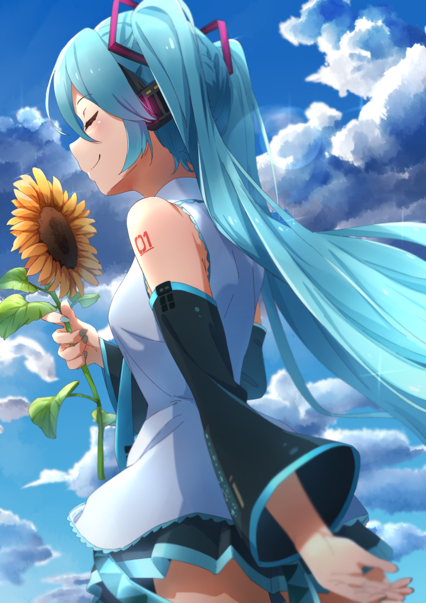 1girl absurdres aqua_hair aqua_nails aqua_neckwear bare_shoulders black_skirt black_sleeves closed_eyes clouds cloudy_sky commentary cowboy_shot day detached_sleeves flower from_below grey_shirt hair_ornament hatsune_miku headphones highres holding holding_flower leaf lens_flare light_blush long_hair miniskirt nail_polish neck_ribbon necktie outdoors pleated_skirt ribbon shirt shoulder_tattoo skirt sky sleeveless sleeveless_shirt smile solo standing sunflower tattoo twintails very_long_hair vocaloid yaaben