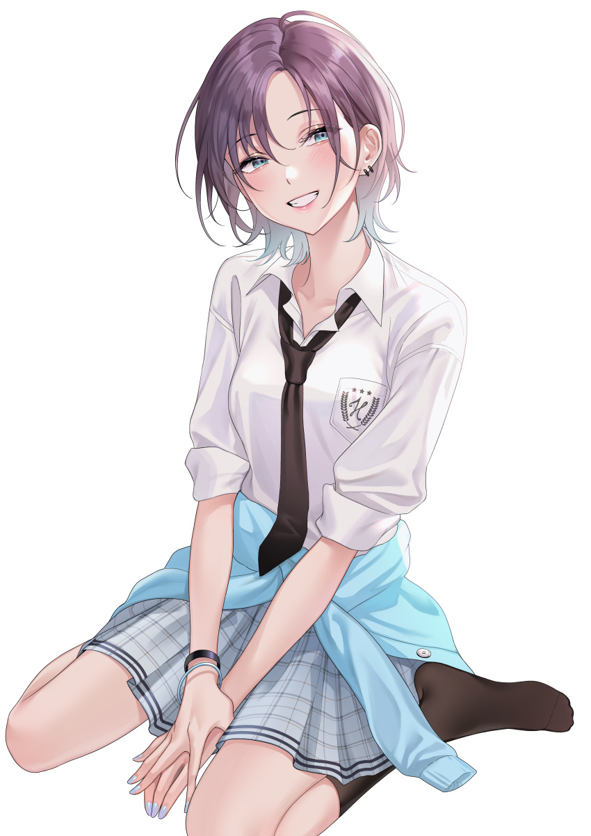 1girl absurdres asakura_tooru bangs black_legwear black_neckwear blue_eyes blush bracelet breast_pocket breasts clothes_around_waist collared_shirt commentary_request ear_piercing highres idolmaster idolmaster_shiny_colors jewelry kyuma_(hisa_hisa_ma) lips looking_at_viewer necktie parted_bangs piercing plaid plaid_skirt pocket purple_hair shirt short_hair simple_background sitting skirt sleeves_rolled_up small_breasts smile solo teeth wariza white_background white_shirt