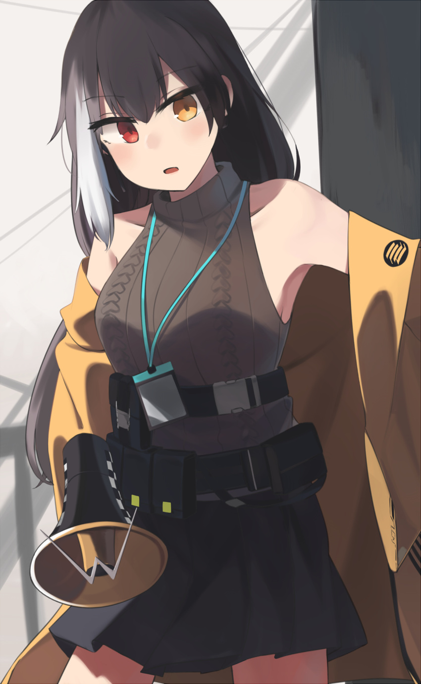 1girl bare_shoulders black_hair black_skirt blush brown_sweater_vest eyebrows_visible_through_hair girls_frontline heterochromia highres hinami047 holding holding_megaphone jacket jacket_pull long_hair looking_at_viewer megaphone multicolored_hair open_mouth red_eyes ro635_(girls'_frontline) simple_background skirt solo standing yellow_eyes yellow_jacket