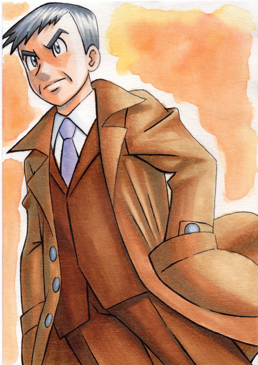 1boy bangs brown_coat brown_jacket brown_pants buttons closed_mouth coat collared_coat collared_shirt commentary_request from_below frown grey_eyes grey_hair grey_neckwear hands_in_pockets highres jacket looker_(pokemon) male_focus necktie oka_mochi open_clothes open_coat orange_background pants pokemon pokemon_(game) pokemon_dppt shirt short_hair solo traditional_media white_shirt