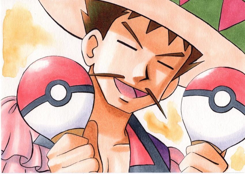 1boy :d bangs brock_(pokemon) brown_hair closed_eyes collarbone commentary_request facial_hair hat highres holding holding_maracas instrument male_focus maracas mustache oka_mochi open_mouth poke_ball_print pokemon pokemon_(anime) pokemon_(classic_anime) short_hair smile solo tongue traditional_media upper_body yellow_background