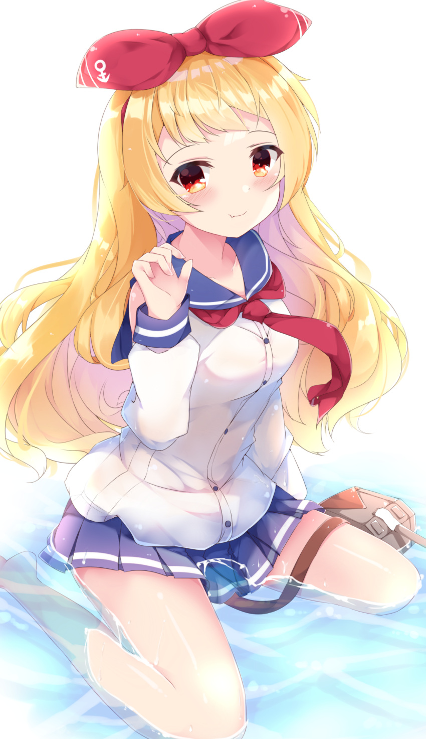 1girl absurdres azur_lane bangs barefoot blonde_hair blue_sailor_collar blue_skirt blush breasts cannon closed_mouth commentary_request fuuna hair_ribbon hand_up highres jenkins_(azur_lane) long_hair long_sleeves looking_at_viewer medium_breasts pleated_skirt red_eyes red_neckwear red_ribbon ribbon sailor_collar shallow_water shirt sitting skirt sleeves_past_wrists smile solo turret very_long_hair wariza water white_background white_shirt