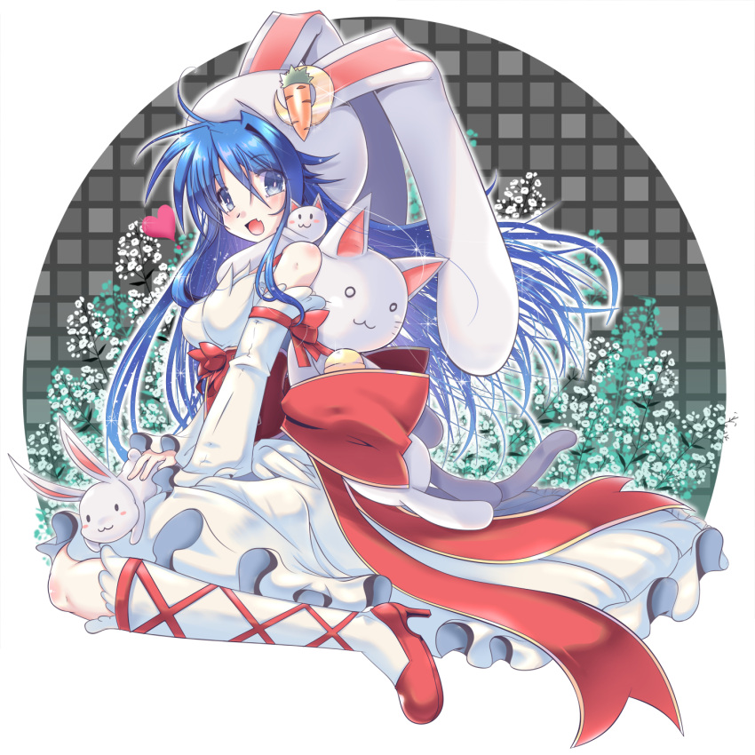 1girl :3 animal_around_neck animal_ears bangs blue_eyes blue_hair blush bow breasts carrot_hat_ornament cat commentary_request corset crescent crescent_hat_ornament detached_sleeves dress eyebrows_visible_through_hair fake_animal_ears fang flower frilled_dress frilled_sleeves frills full_body hair_between_eyes hat_ornament heart high_heels highres kneehighs large_bow long_hair looking_at_viewer looking_to_the_side medium_breasts official_alternate_costume open_mouth rabbit rabbit_ears ragnarok_online red_bow red_footwear sitting skin_fang sleeveless sleeveless_dress smile solo tanono wanderer_(ragnarok_online) white_dress white_flower white_legwear white_sleeves wide_sleeves