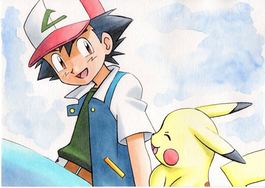 1boy :d ash_ketchum bangs baseball_cap belt belt_buckle black_hair blue_background blue_pants brown_belt brown_eyes buckle commentary_request green_shirt hair_between_eyes hat highres jacket looking_down male_focus oka_mochi open_mouth pants pikachu pokemon pokemon_(anime) pokemon_(classic_anime) pokemon_(creature) red_headwear shirt short_hair short_sleeves smile spiky_hair t-shirt tongue traditional_media