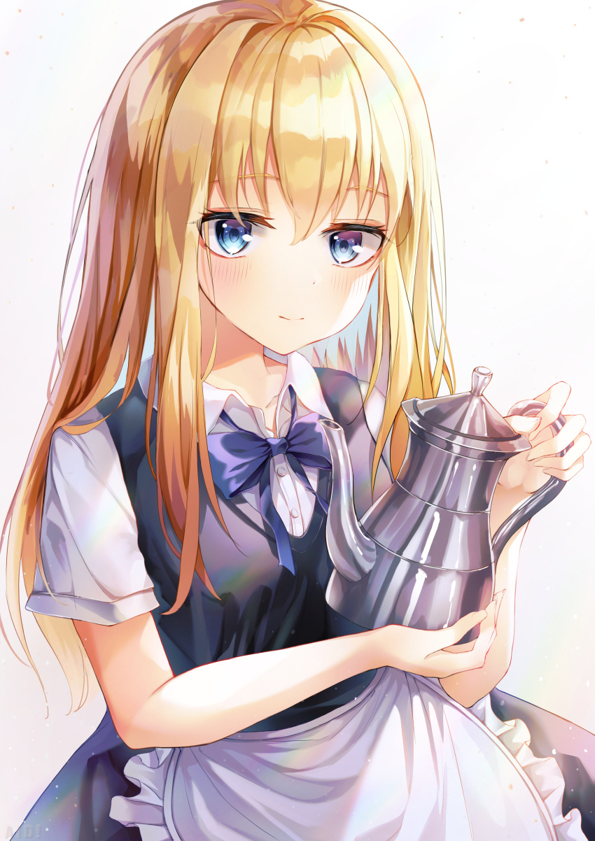 1girl absurdres aid! alternate_costume apron bangs black_dress blonde_hair blue_eyes blue_neckwear blush bow bowtie closed_mouth collared_shirt dress enmaided frilled_apron frills gabriel_dropout gabriel_tenma_white hair_between_eyes highres holding holding_teapot long_hair looking_at_viewer maid pinafore_dress shirt short_sleeves simple_background smile solo straight_hair teapot upper_body waist_apron white_apron white_background white_shirt