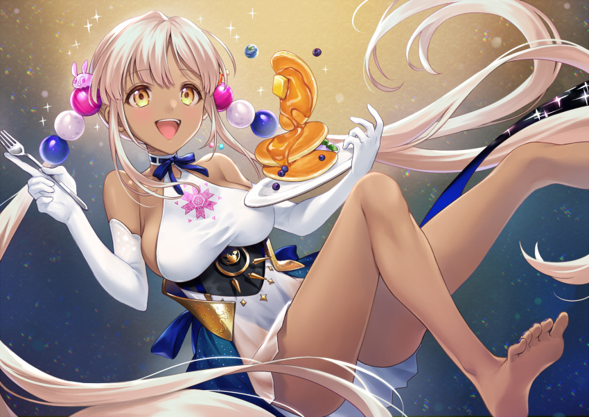 1girl :d bangs bare_legs bare_shoulders barefoot blue_bow bow breasts brown_eyes dark-skinned_female dark_skin dress elbow_gloves eyebrows_visible_through_hair food fork gloves highres holding holding_fork hololive hololive_english large_breasts long_hair looking_at_viewer open_mouth pancake plate shiao sidelocks sleeveless sleeveless_dress smile soles solo stack_of_pancakes syrup tsukumo_sana twintails very_long_hair virtual_youtuber white_dress white_gloves