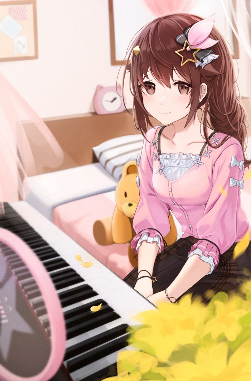 1girl alarm_clock anizi ankimo_(tokino_sora) bed bedroom belt blouse blurry blush bracelet brown_eyes brown_hair brown_skirt buttons camisole casual clock closed_mouth depth_of_field diamond_hair_ornament frilled_camisole frills hair_flaps hair_ornament hair_ribbon hairclip highres hololive indoors instrument jewelry keyboard_(instrument) layered_skirt long_hair long_sleeves looking_at_viewer on_bed piano pink_blouse pink_ribbon ribbon sitting skirt smile solo star_(symbol) star_bracelet star_hair_ornament stuffed_animal stuffed_toy teddy_bear tokino_sora virtual_youtuber white_camisole