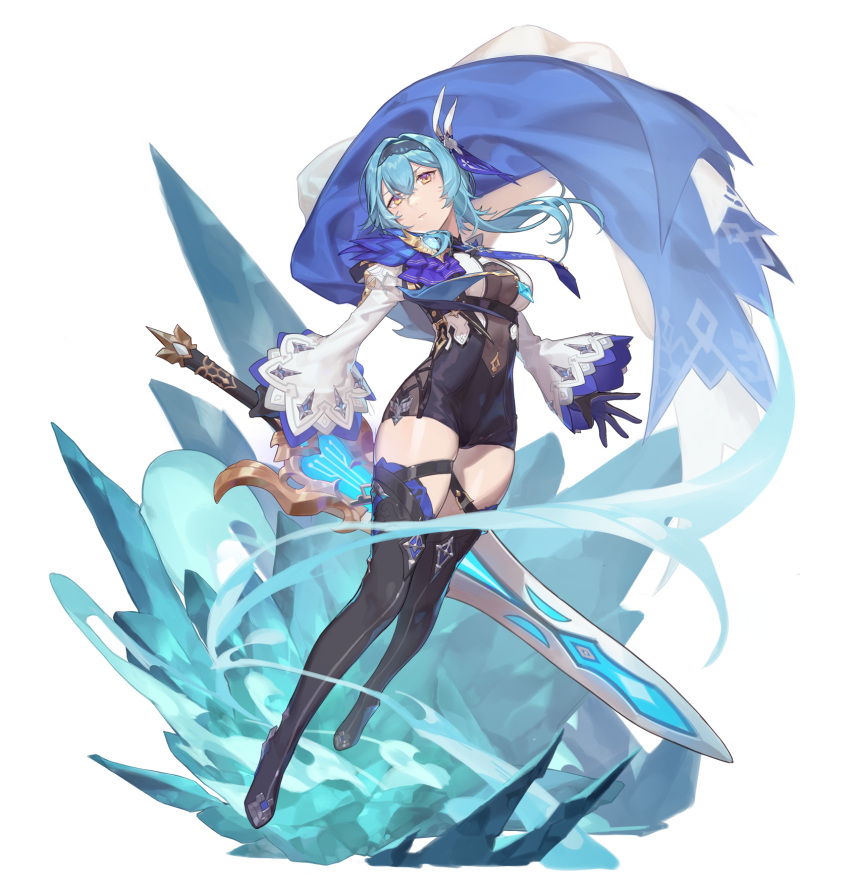 1girl bangs black_gloves black_legwear black_leotard blue_hair cape claymore_(sword) commentary_request eula_(genshin_impact) eyebrows_visible_through_hair genshin_impact gloves greatsword hair_between_eyes hair_ornament hairband highres holding holding_sword holding_weapon ice_crystal leotard long_hair long_sleeves looking_at_viewer necktie orange_eyes red_cucumber sidelocks simple_background solo sword thigh-highs vision_(genshin_impact) weapon white_background wind zettai_ryouiki