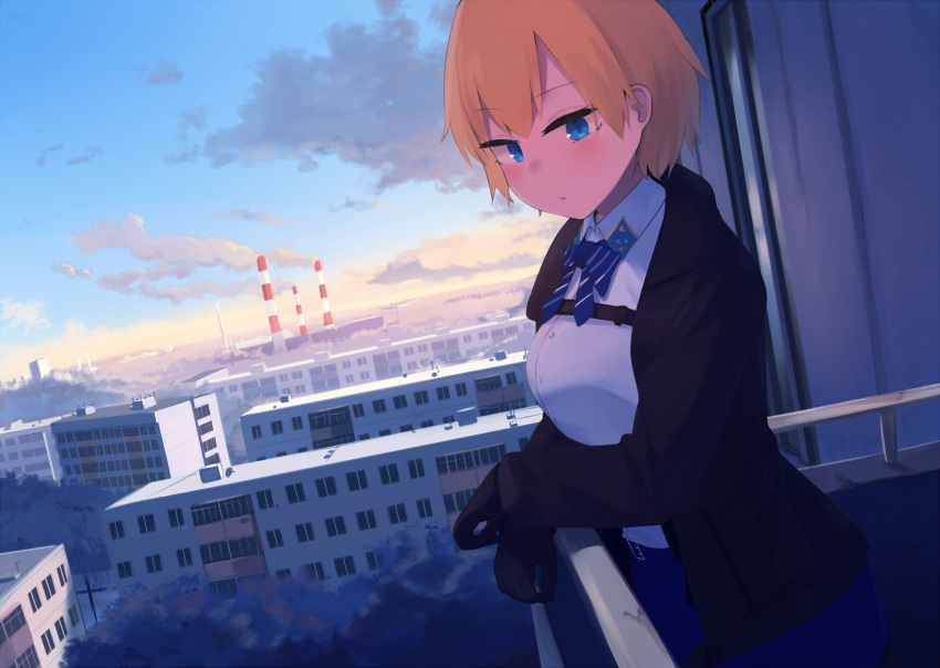 1girl black_gloves black_jacket blonde_hair blue_eyes blue_skirt blush bow bowtie crossed_arms eyebrows_visible_through_hair feet_out_of_frame girls_frontline gloves highres hinami047 jacket looking_at_viewer medium_hair open_clothes open_jacket russia scenery shirt shoulder_strap skirt solo standing vsk-94_(girls'_frontline) white_shirt