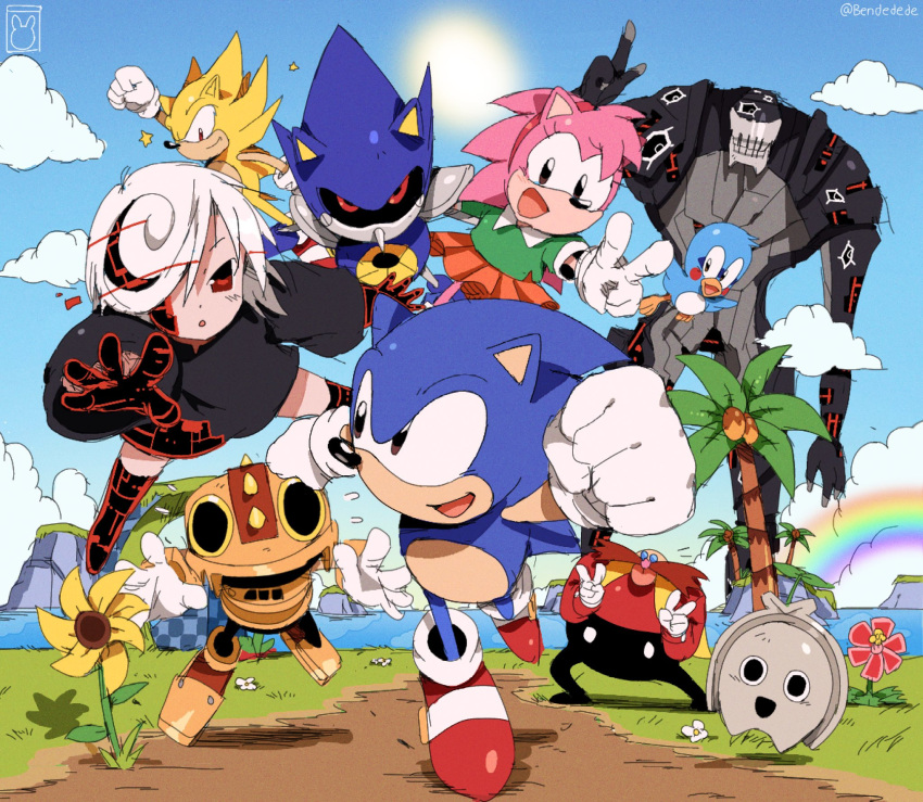 2boys 3girls 4others amy_rose bendedede bird black_dress black_eyes black_sclera blue_fur blue_sky classic_amy_rose clouds colored_sclera dr._eggman dress flicky_(character) flower flying furry furry_female furry_male giganto_(sonic_frontiers) glasses gloves grass hedgehog hedgehog_ears highres koco_(sonic) metal_sonic multiple_boys multiple_girls multiple_others open_mouth orange_skirt palm_tree pink_fur pleated_skirt rainbow red_eyes red_footwear red_shirt robot running sage_(sonic) shirt shoes skirt sky smile sneakers socks sonic_(series) sonic_cd sonic_frontiers sonic_superstars sonic_the_hedgehog sonic_the_hedgehog_(classic) sonic_the_hedgehog_1 sun sunflower super_sonic tree trip_(sonic) v white_gloves white_hair white_socks