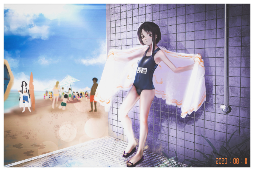 1girl absurdres asymmetrical_hair bare_legs black_swimsuit blue_sky brown_hair character_name clouds cloudy_sky commentary dated expressionless gorilla(1844~) highres holding holding_towel iwakura_lain looking_at_viewer no_hairclip one-piece_swimsuit outdoors sandals serial_experiments_lain short_hair sky solo_focus standing surfboard swimsuit towel translated water wide_shot