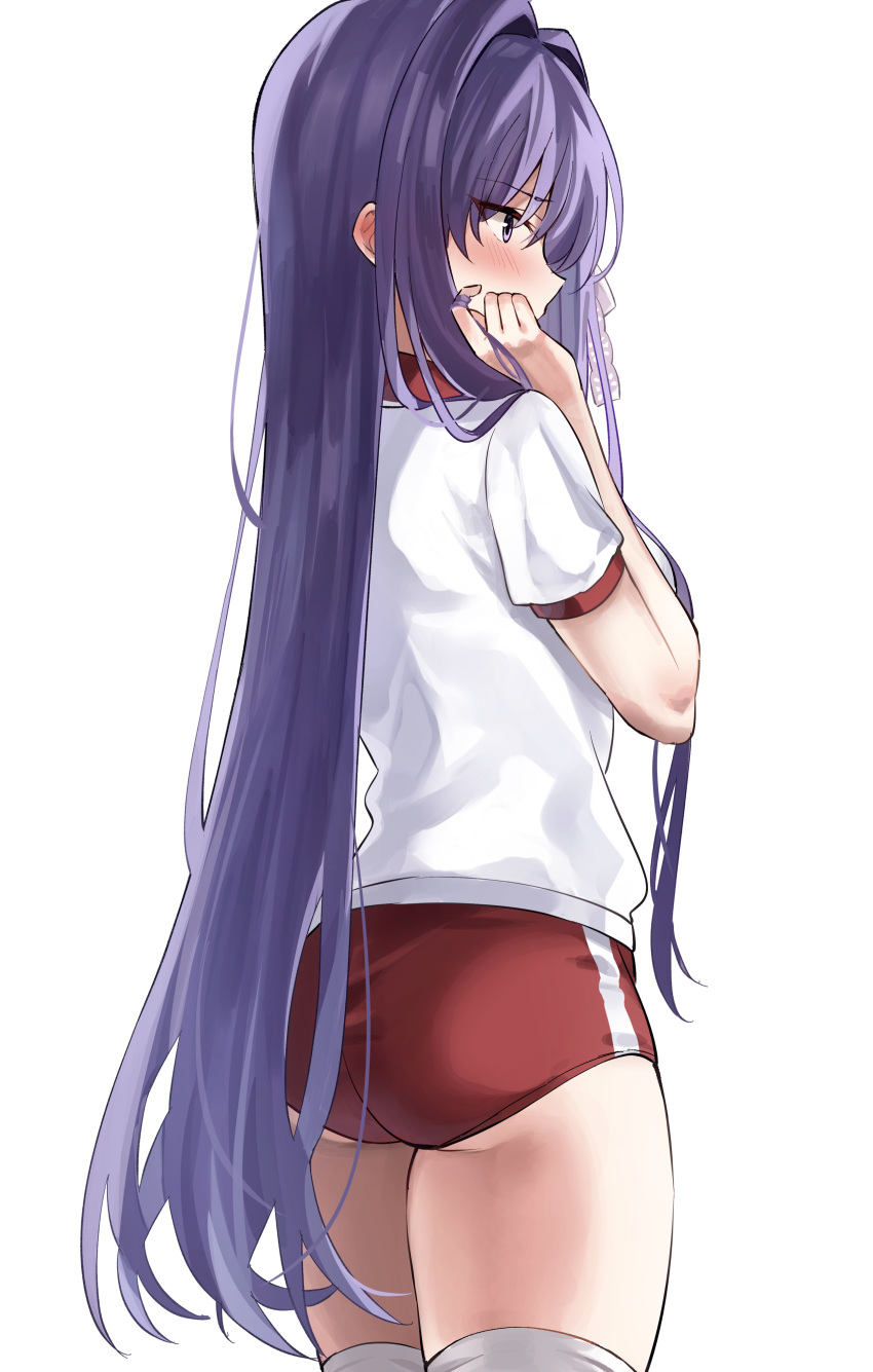 1girl absurdres ass bangs blush buruma clannad cowboy_shot ear_blush from_behind fujibayashi_kyou gym_shirt gym_uniform hair_ribbon hair_twirling hand_in_hair highres legs_together long_hair looking_afar looking_ahead ponpon_nun purple_hair red_buruma ribbon shirt short_sleeves sidelocks simple_background solo standing t-shirt thigh-highs thighs very_long_hair violet_eyes white_background white_legwear white_ribbon white_shirt