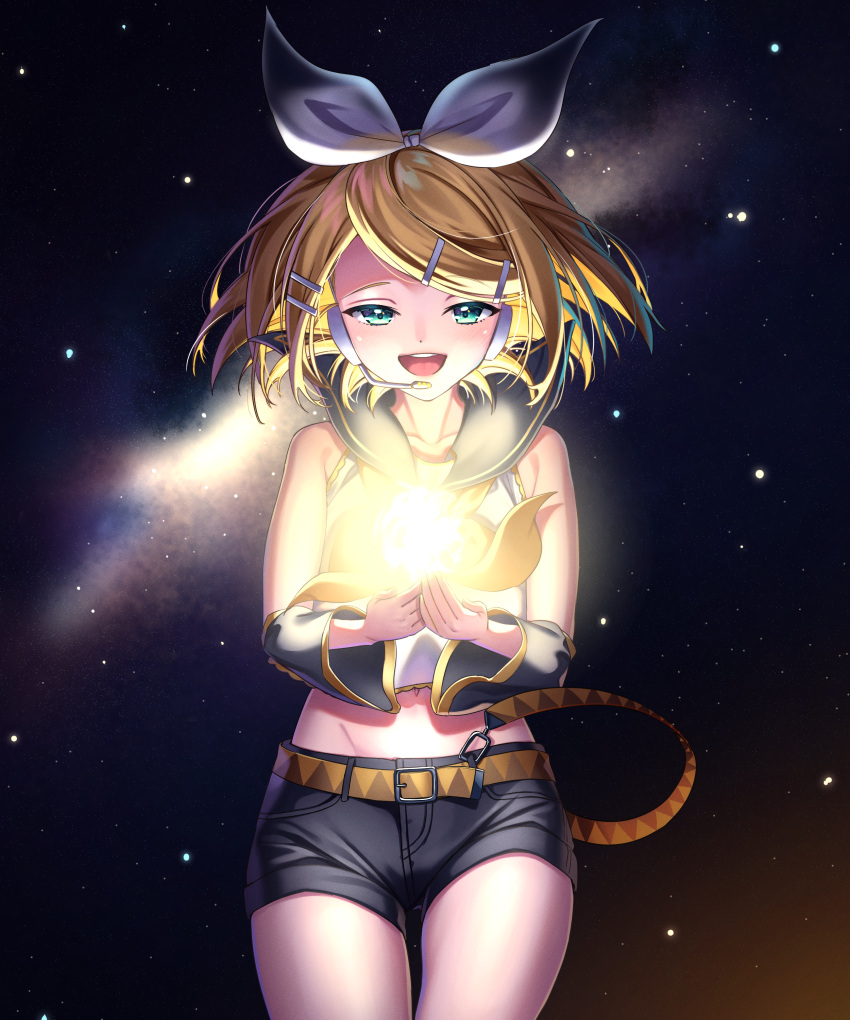 1girl absurdres ascot bangs bare_shoulders belt blue_eyes bow crop_top detached_sleeves floating_hair hair_bow hair_ornament hairclip headphones headset highres huge_filesize inu8neko kagamine_rin light looking_down midriff navel nebula night night_sky open_mouth own_hands_together sailor_collar short_hair shorts sky smile solo star_(sky) starry_sky swept_bangs treble_clef vocaloid yellow_neckwear