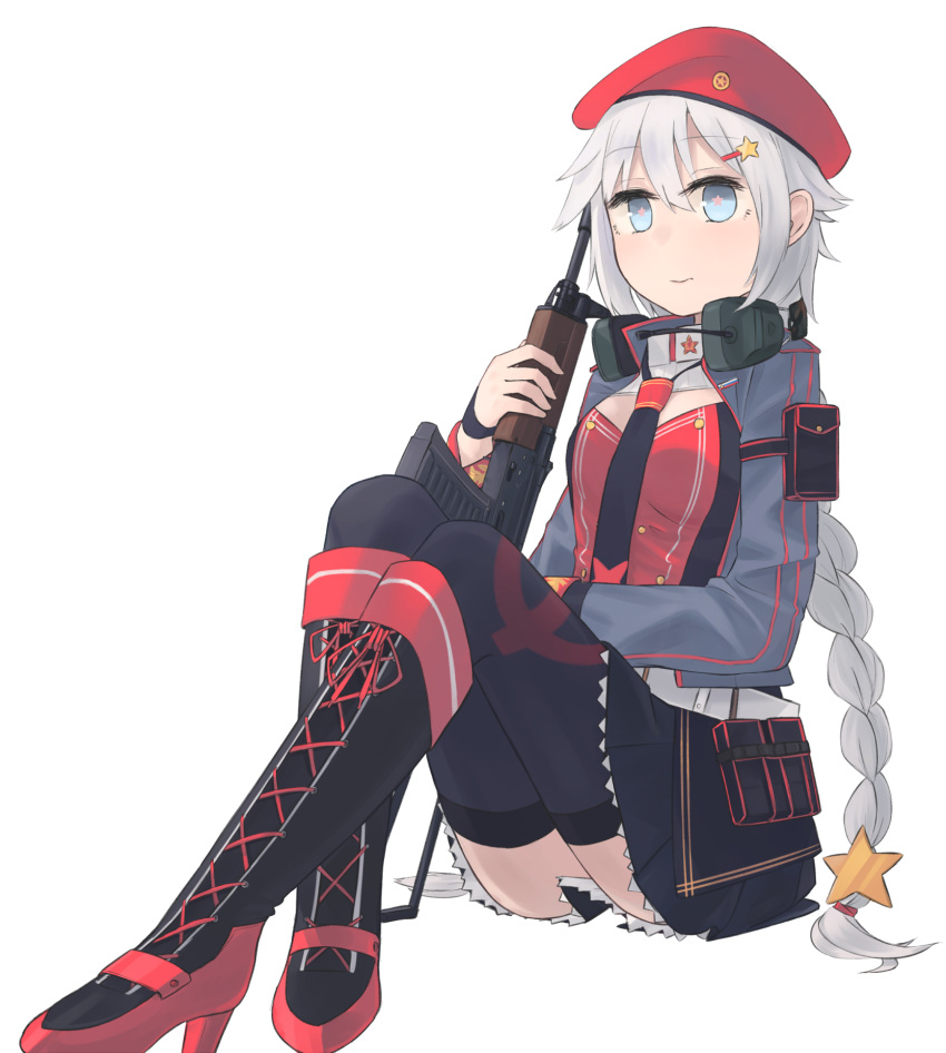 +_+ 1girl beret black_footwear black_legwear black_neckwear black_skirt blue_eyes blue_jacket boots braid breasts closed_mouth cross-laced_footwear crossed_legs eyebrows_visible_through_hair flower-shaped_pupils girls_frontline hair_ornament hairclip hat hat_ornament headphones headphones_around_neck highres hinami047 holding holding_weapon jacket lace-up_boots long_hair looking_at_viewer low_twintails necktie on_floor open_clothes open_jacket ots-12 ots-12_(girls'_frontline) red_headwear russian_flag silver_hair skirt solo soviet_flag star-shaped_pupils star_(symbol) star_hair_ornament star_hat_ornament symbol-shaped_pupils thigh-highs twin_braids twintails weapon white_background