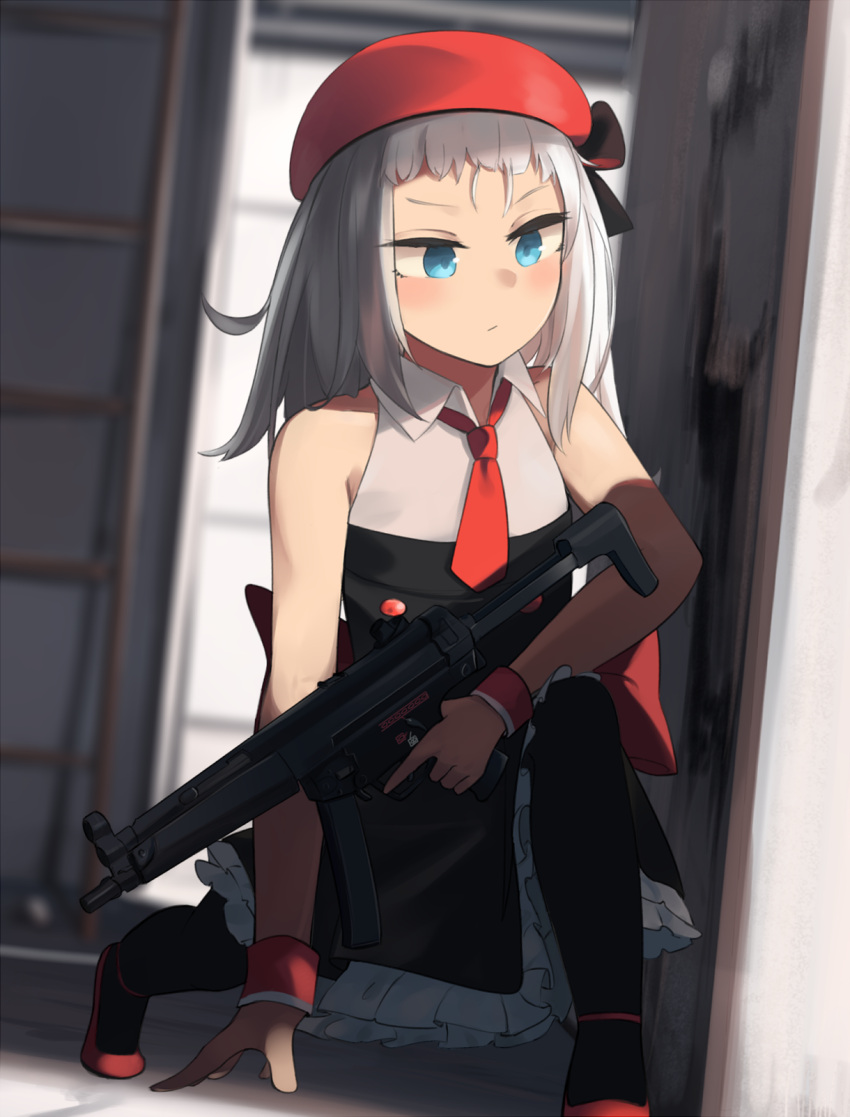 1girl beret black_legwear blue_eyes breasts closed_mouth dress eyebrows_visible_through_hair girls_frontline gun h&amp;k_mp5 hat highres hinami047 holding holding_weapon long_hair looking_away mp5_(girls'_frontline) necktie pantyhose red_footwear red_headwear red_neckwear shoes silver_hair small_breasts solo submachine_gun weapon