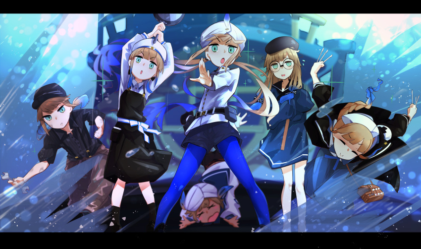 1boy 5others absurdres apron aqua_eyes baker_nemo_(fate) bangs belt beret blonde_hair blue_hair blue_legwear braid captain_nemo_(fate) closed_eyes dress engineer_nemo_(fate) eyebrows_visible_through_hair fate/grand_order fate_(series) frying_pan glasses hat highres holding holding_frying_pan huge_filesize long_hair looking_at_viewer marine_nemo_(fate) multicolored_hair multiple_others nurse_cap nurse_nemo_(fate) open_mouth pegina professor_nemo_(fate) sailor_collar sailor_dress scalpel shorts smile submarine turban twintails two-tone_hair water watercraft wrench x_x