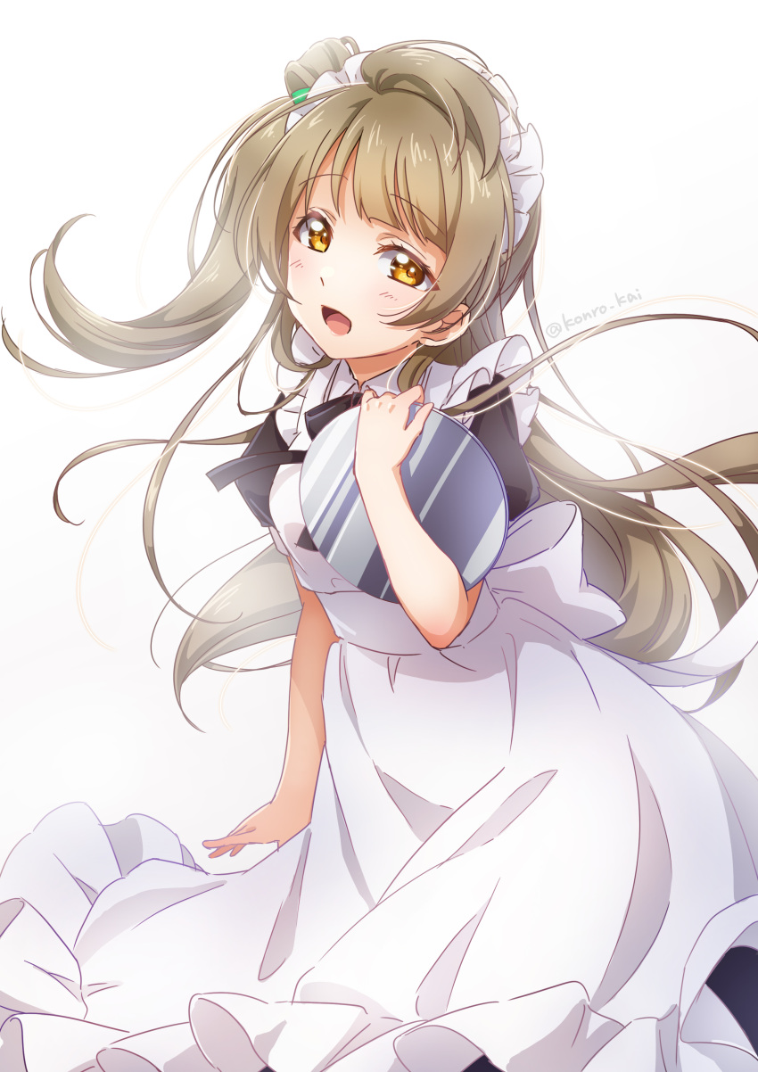 1girl absurdres ahoge apron bangs birthday commentary eyebrows_visible_through_hair highres konro_kai light_brown_hair long_hair looking_at_viewer love_live! love_live!_school_idol_project maid maid_apron maid_headdress minami_kotori one_side_up sidelocks solo tray twitter_username wonder_zone yellow_eyes