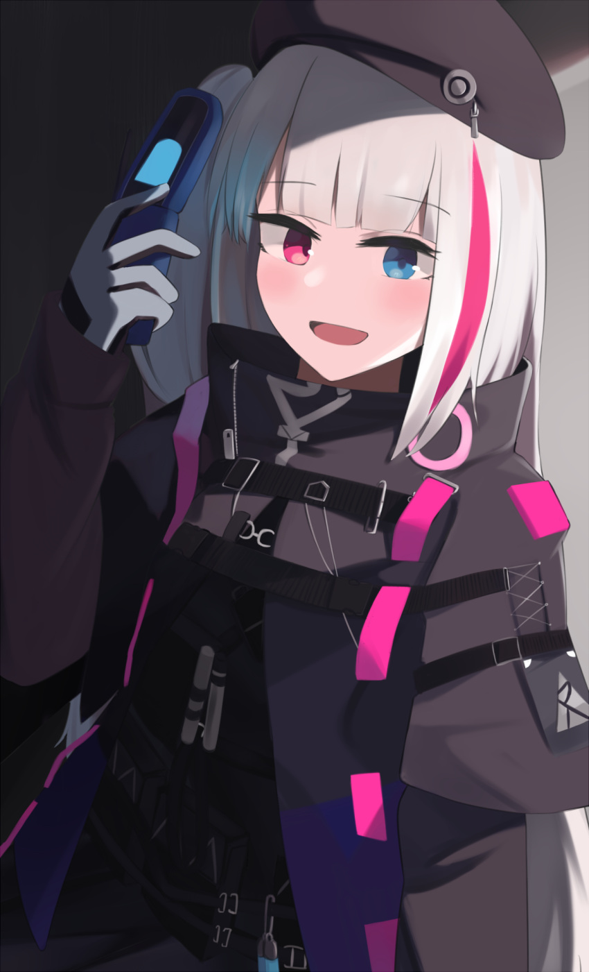 1girl beret black_jacket blue_eyes blush eyebrows_visible_through_hair girls_frontline gloves hat heterochromia highres hinami047 holding holding_phone jacket long_hair looking_at_viewer multicolored_hair open_mouth phone pink_eyes rpk-16_(girls'_frontline) silver_hair simple_background smile solo white_gloves