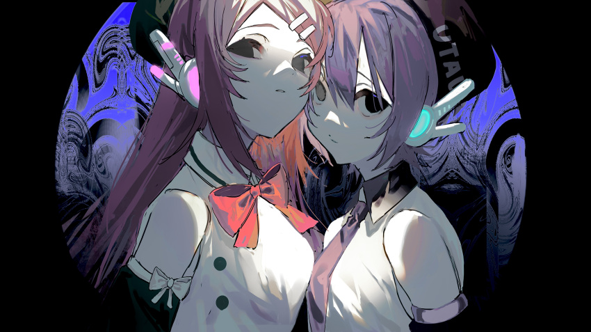 2girls absurdres bangs beret black_eyes black_headwear bow bowtie detached_sleeves green_headwear hair_ornament hairclip hat hat_writing highres huge_filesize isomu long_hair looking_at_viewer momone_momo multiple_girls necktie purple_hair purple_neckwear red_bow red_neckwear robot_ears shirt utane_uta utau white_shirt