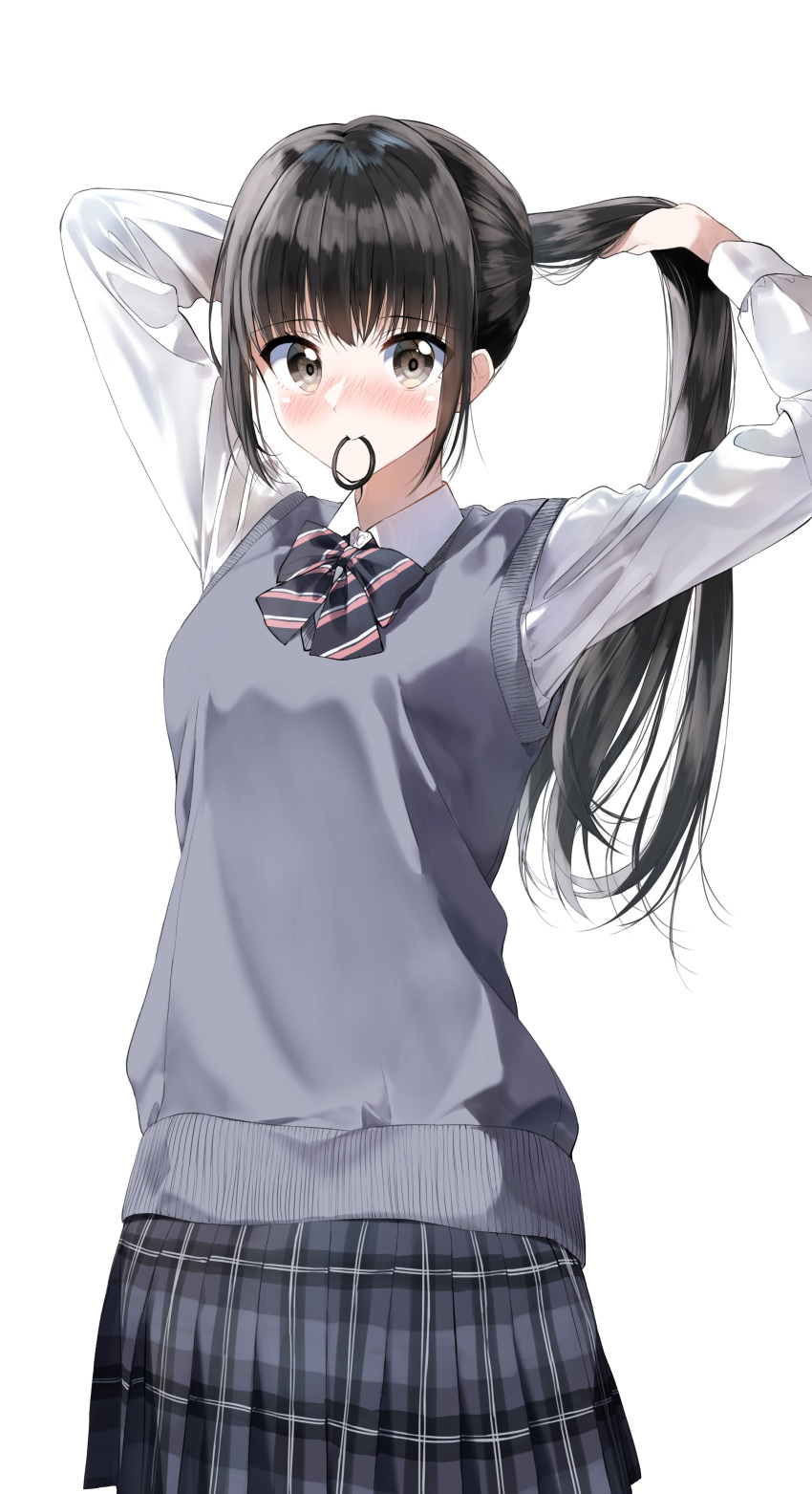 1girl absurdres bangs black_hair blush breasts brown_eyes closed_mouth collared_shirt commentary_request diagonal-striped_bow eyebrows_visible_through_hair grey_skirt hair_tie hair_tie_in_mouth highres long_hair long_sleeves looking_at_viewer mouth_hold nose_blush original pentagon_(railgun_ky1206) plaid plaid_skirt pleated_skirt ponytail school_uniform shirt sidelocks simple_background skirt small_breasts solo sweater_vest tying_hair very_long_hair white_background white_shirt