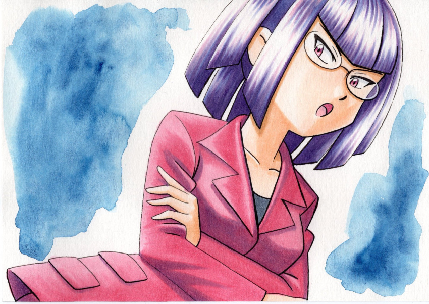 1girl :o bangs black_shirt blue_background blunt_bangs collarbone commentary_request glasses highres jacket long_sleeves looking_down matori_(pokemon) oka_mochi open_mouth pokemon pokemon_(anime) pokemon_xy_(anime) purple_hair purple_jacket shirt solo tongue traditional_media violet_eyes