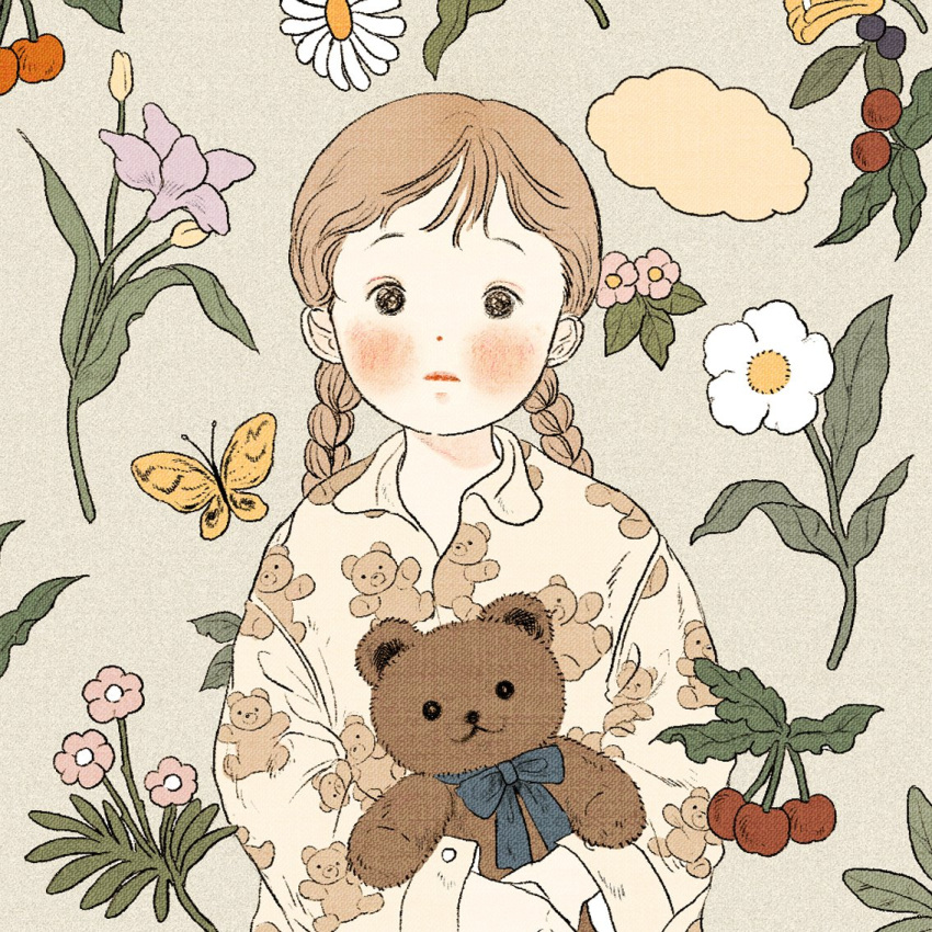 1girl blush braid brown_hair bug butterfly collared_shirt expressionless flower leaf long_hair long_sleeves looking_at_viewer original pink_flower plant print_shirt purple_flower shirt solo stuffed_animal stuffed_toy teddy_bear twin_braids upper_body white_flower yellow_butterfly yoovora