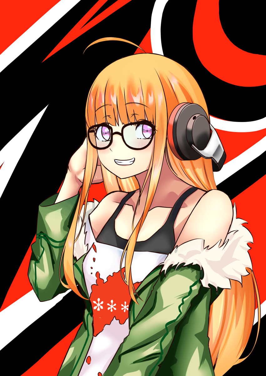 1girl absurdres ahoge arm_up bangs bare_shoulders behind-the-head_headphones black_tank_top black_undershirt blunt_bangs blush coat eyebrows_visible_through_hair fur-trimmed_coat fur-trimmed_hood fur_trim glasses green_coat hand_on_headwear hand_up happy headphones highres hime_cut hood hood_down hooded_coat long_hair long_sleeves myjiq off-shoulder_shirt off_shoulder open_mouth orange_hair persona persona_5 sakura_futaba shirt simple_background smile solo t-shirt tank_top teeth violet_eyes white_shirt