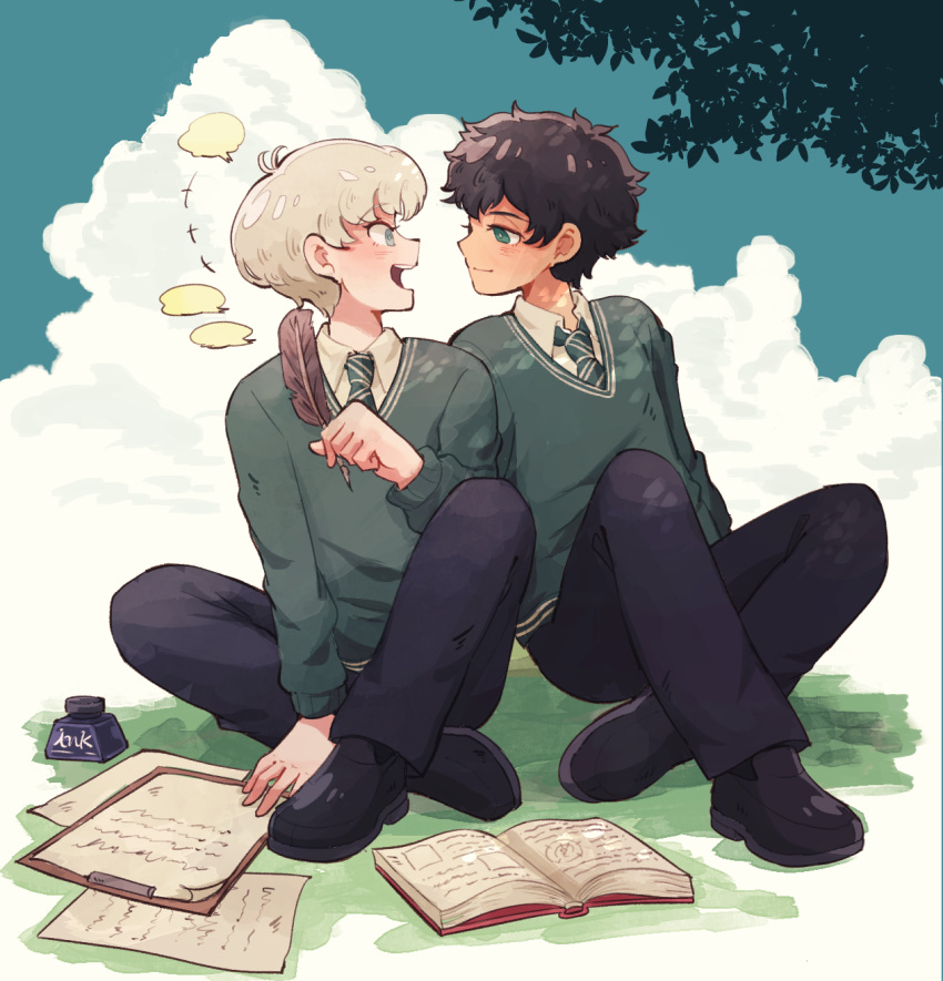 2boys albus_severus_potter amazou black_hair blonde_hair blue_eyes book eye_contact green_eyes harry_potter harry_potter:_the_cursed_child highres hogwarts_school_uniform holding_quill ink_bottle inkwell looking_at_another multiple_boys necktie paper quill school_uniform scorpius_malfoy short_hair sitting slytherin smile