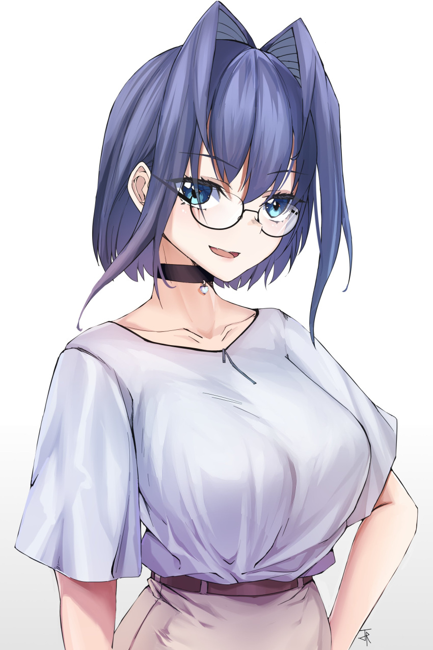 1girl 2ndeminence :d absurdres arms_at_sides bangs beige_skirt blue_eyes blue_hair breasts choker collarbone commentary english_commentary eyebrows_visible_through_hair eyelashes fang glasses hair_between_eyes hair_intakes hand_on_hip heart heart_collar highres hololive hololive_english large_breasts looking_at_viewer open_mouth ouro_kronii shirt shirt_tucked_in short_hair signature simple_background smile smug solo upper_body virtual_youtuber white_background white_shirt
