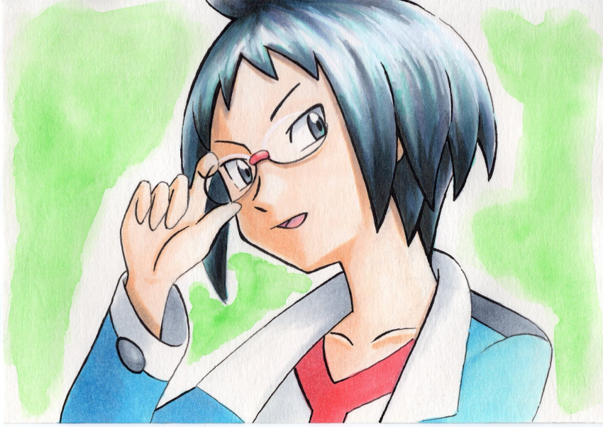 1boy adjusting_eyewear bangs black_hair blue_jacket cheren_(pokemon) collarbone commentary_request glasses green_background grey_eyes hand_up highres jacket long_sleeves looking_down male_focus oka_mochi open_clothes open_jacket open_mouth pokemon pokemon_(game) pokemon_bw shirt short_hair smile solo tongue traditional_media white_shirt