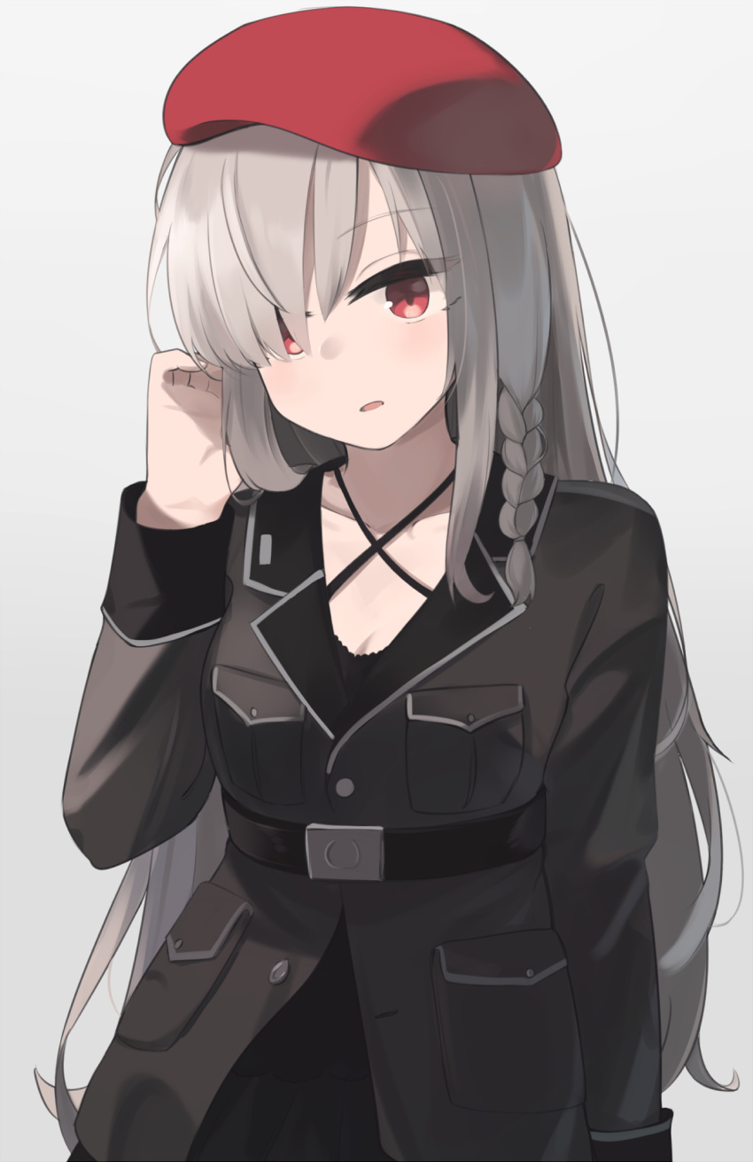 1girl :o belt beret black_jacket braid breasts eyebrows_visible_through_hair g36c_(girls'_frontline) girls_frontline grey_hair hair_over_one_eye hand_in_hair hat highres hinami047 jacket long_hair looking_at_viewer military military_uniform red_eyes red_headwear solo standing uniform white_background