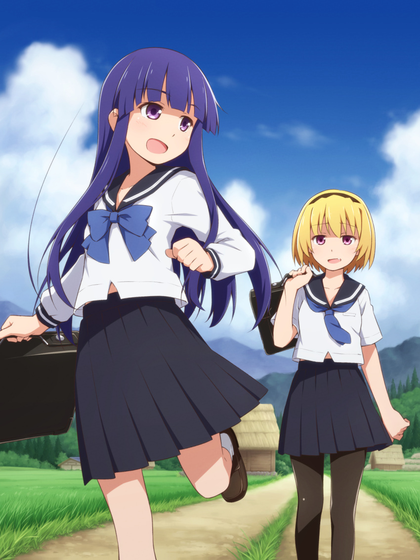 2girls :d bangs black_hairband black_legwear black_sailor_collar black_skirt blonde_hair blue_bow blue_neckwear blue_sky blunt_bangs bow briefcase brown_footwear clouds cloudy_sky commentary day eyebrows_visible_through_hair fang feet_out_of_frame foot_out_of_frame furude_rika grass hairband happy highres higurashi_no_naku_koro_ni holding holding_briefcase houjou_satoko house leg_up light_blush loafers long_hair long_sleeves looking_at_another looking_back mashita_(candy_apricot) mountain multiple_girls neckerchief open_mouth outdoors pantyhose pleated_skirt purple_hair road sailor_collar school_briefcase school_uniform serafuku shirt shoes short_hair short_sleeves skin_fang skirt sky smile socks standing tree violet_eyes walking white_legwear white_shirt