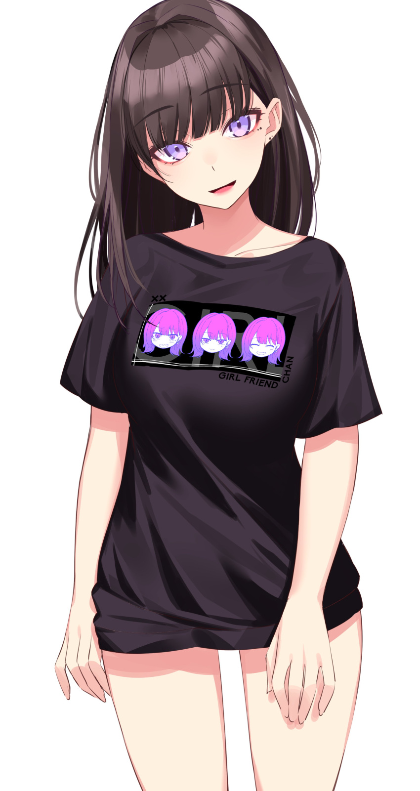1girl absurdres bangs black_shirt blunt_bangs brown_hair clothes_writing collarbone earrings eyebrows_visible_through_hair hair_intakes highres ichiki_1 jewelry long_hair looking_at_viewer mole mole_under_eye no_pants open_mouth original shirt simple_background smile solo violet_eyes white_background
