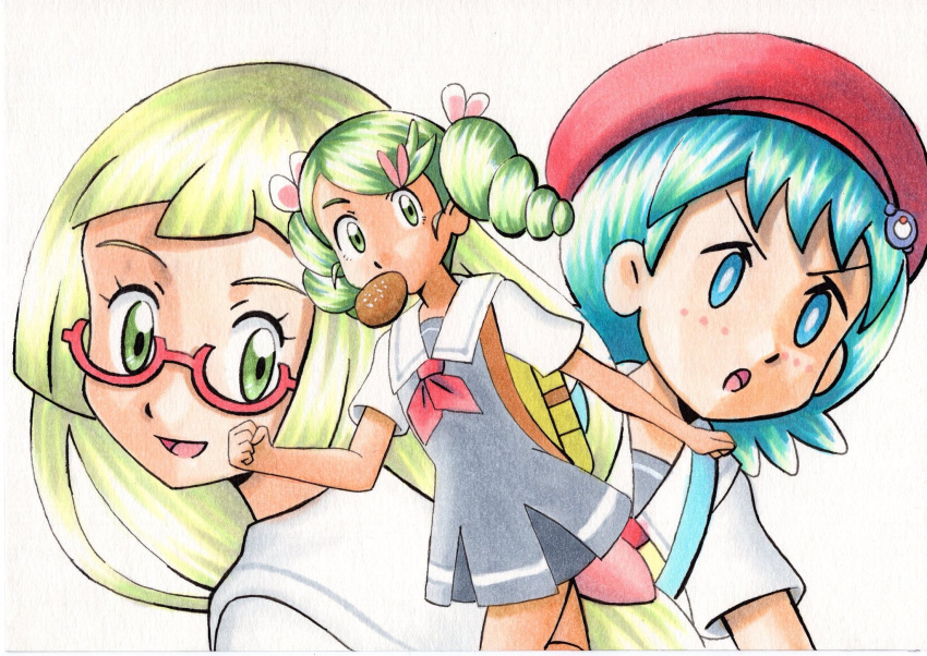 3girls :o bangs blonde_hair blue_eyes bright_pupils commentary_request dress eyelashes food food_in_mouth freckles green_eyes green_hair grey_dress hair_ornament hat highres lana_(pokemon) lillie_(pokemon) long_hair mallow_(pokemon) mouth_hold multiple_girls oka_mochi open_mouth pokemon pokemon_(anime) pokemon_sm_(anime) red_headwear semi-rimless_eyewear shirt short_sleeves smile strap toast toast_in_mouth tongue traditional_media twintails white_pupils white_shirt