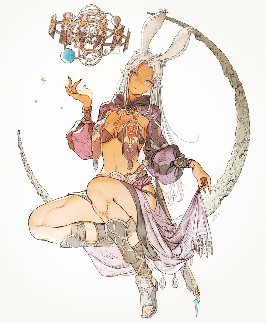 1girl animal_ears astrologian_(final_fantasy) bikini bikini_top blue_eyes breasts crescent_moon dark-skinned_female dark_skin final_fantasy final_fantasy_xiv highres kuroimori long_hair long_sleeves looking_at_viewer medium_breasts moon navel rabbit_ears shrug_(clothing) solo swimsuit toeless_footwear viera white_background white_hair