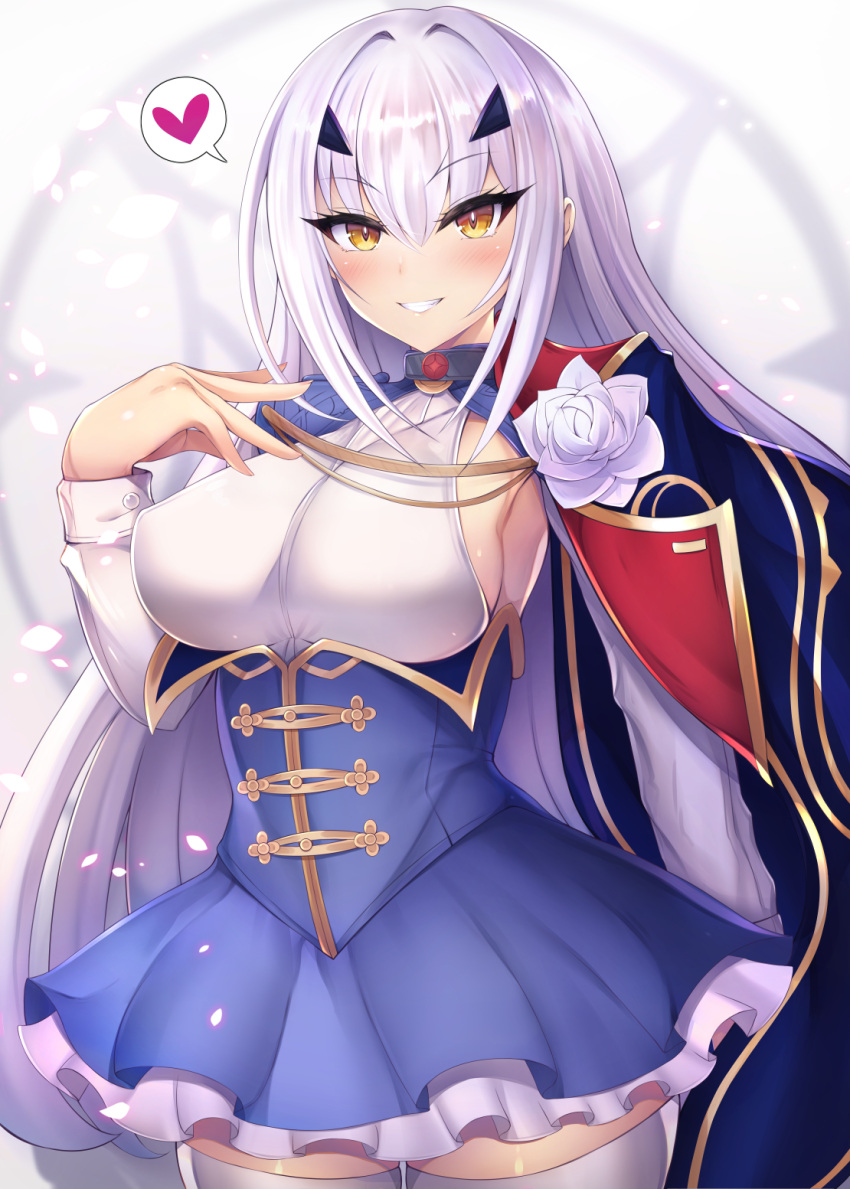 1girl bangs blue_dress breasts brown_eyes cape dress fairy_knight_lancelot_(fate) fate/grand_order fate_(series) frills grin highres hiiro_h large_breasts long_hair long_sleeves looking_at_viewer sidelocks smile thigh-highs thighs white_hair white_legwear