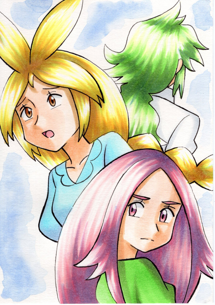 1boy 2girls anthea_(pokemon) bangs blonde_hair blue_shirt braid braided_ponytail brown_eyes closed_mouth collarbone commentary_request concordia_(pokemon) eyelashes frown green_hair green_shirt highres long_hair looking_back multiple_girls n_(pokemon) oka_mochi open_mouth pokemon pokemon_(anime) pokemon_bw_(anime) purple_hair shirt tongue traditional_media violet_eyes white_shirt