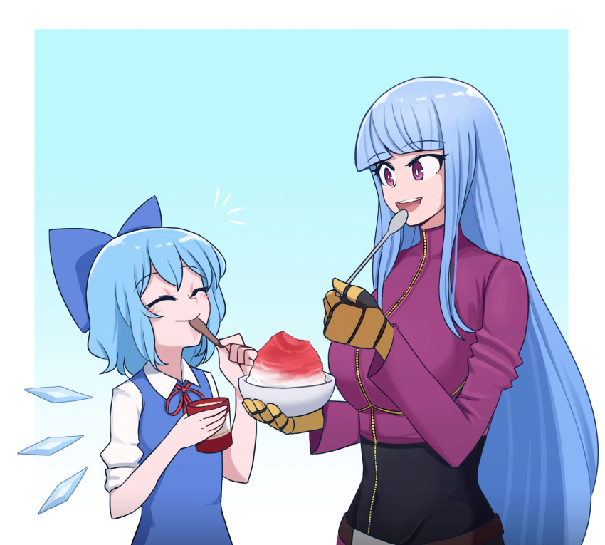 2girls belt blue_dress blue_eyes blue_hair breasts cirno commentary cup dress eating flat_chest highres ice ice_wings jacket kula_diamond large_breasts long_hair mata_(matasoup) multiple_girls puffy_short_sleeves puffy_sleeves red_neckwear short_hair short_sleeves simple_background spoon the_king_of_fighters touhou violet_eyes white_background wings
