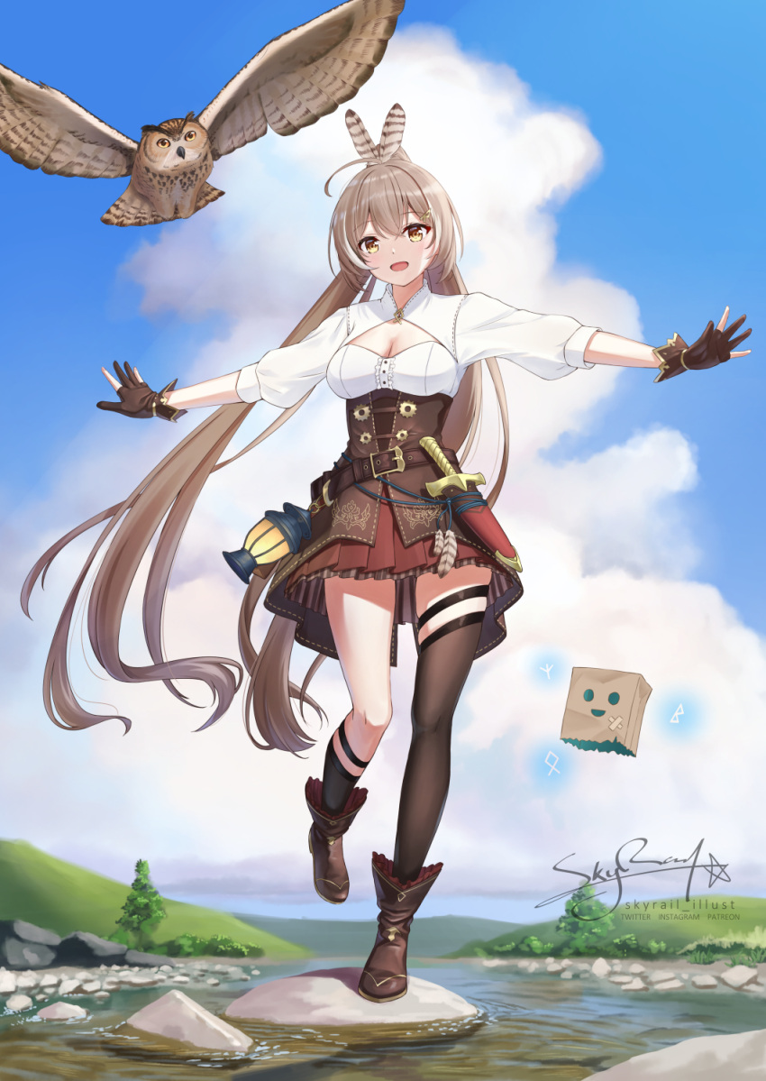 1girl 2others balancing bangs bird bow breasts brown_eyes brown_hair cloak_removed english_commentary feather_hair_ornament feathers floating friend_(nanashi_mumei) gloves hair_ornament hairclip highres hololive hololive_english long_hair multicolored_hair multiple_others nanashi_mumei open_mouth owl ponytail shirt skyrail smile streaked_hair thighs very_long_hair virtual_youtuber white_shirt