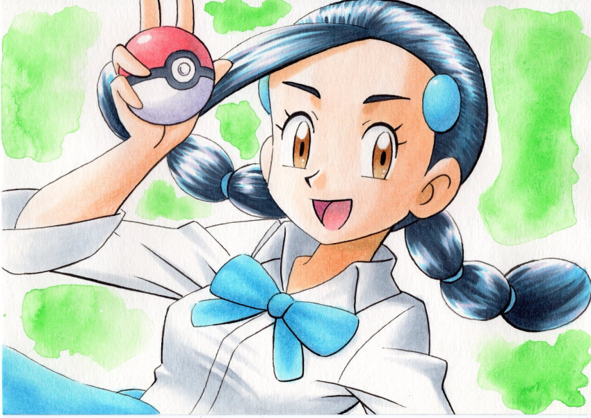 1girl :d black_hair blue_bow bow brown_eyes candice_(pokemon) clothes_around_waist collared_shirt commentary eyelashes green_background hair_ornament hairclip hand_up highres holding holding_poke_ball long_hair looking_at_viewer multi-tied_hair oka_mochi open_mouth poke_ball poke_ball_(basic) pokemon pokemon_(game) pokemon_dppt shirt smile solo sweater sweater_around_waist tongue traditional_media twintails white_shirt
