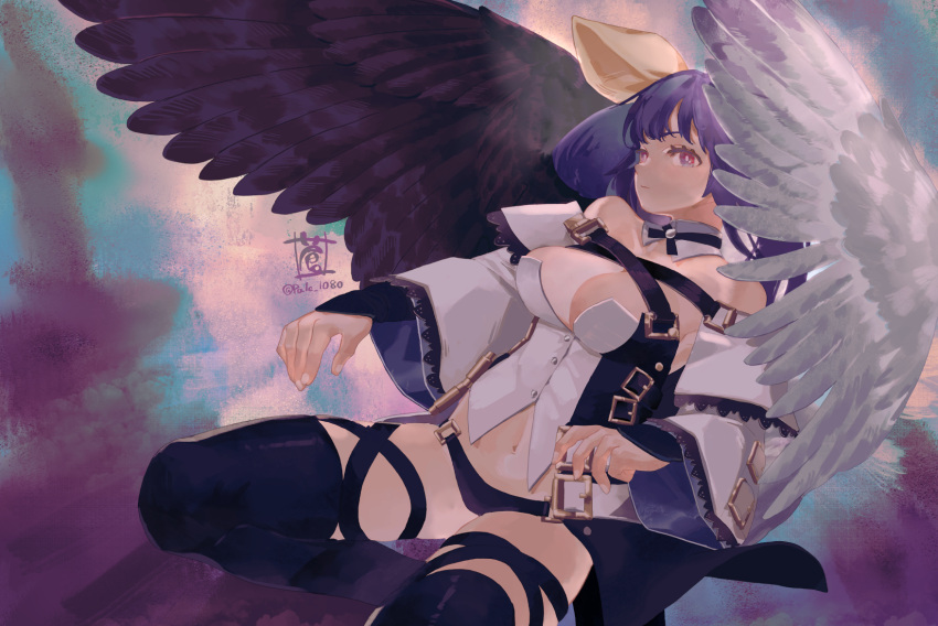 1girl asymmetrical_wings black_legwear blue_hair dizzy_(guilty_gear) feathered_wings guilty_gear guilty_gear_xrd highres long_hair long_sleeves navel ribbon sou_(pale_1080) thigh-highs thigh_strap violet_eyes wings