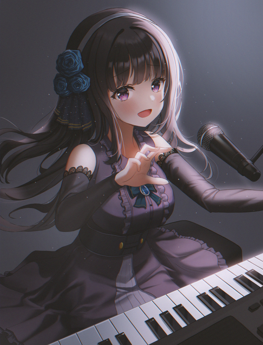 1girl absurdres bang_dream! bangs black_hair blue_flower blue_rose center_frills commentary corset detached_sleeves dress eyebrows_visible_through_hair flower frilled_dress frills gradient gradient_background hair_flower hair_ornament hair_ribbon highres instrument keyboard_(instrument) light_particles long_hair long_sleeves microphone purple_dress purple_ribbon ribbon rose shirokane_rinko sitting solo ttusee5