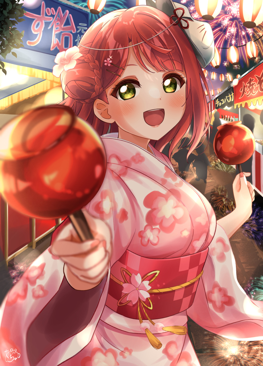 1girl :d a_chamaru5 absurdres bangs blunt_bangs blush braid braided_bun candy_apple fingernails fireworks floral_print food food_stand fox_mask from_side highres incoming_food japanese_clothes kimono looking_at_viewer love_live! love_live!_nijigasaki_high_school_idol_club mask mask_on_head medium_hair open_mouth pink_kimono print_kimono redhead side_bun smile solo summer_festival swept_bangs uehara_ayumu yellow_eyes yukata