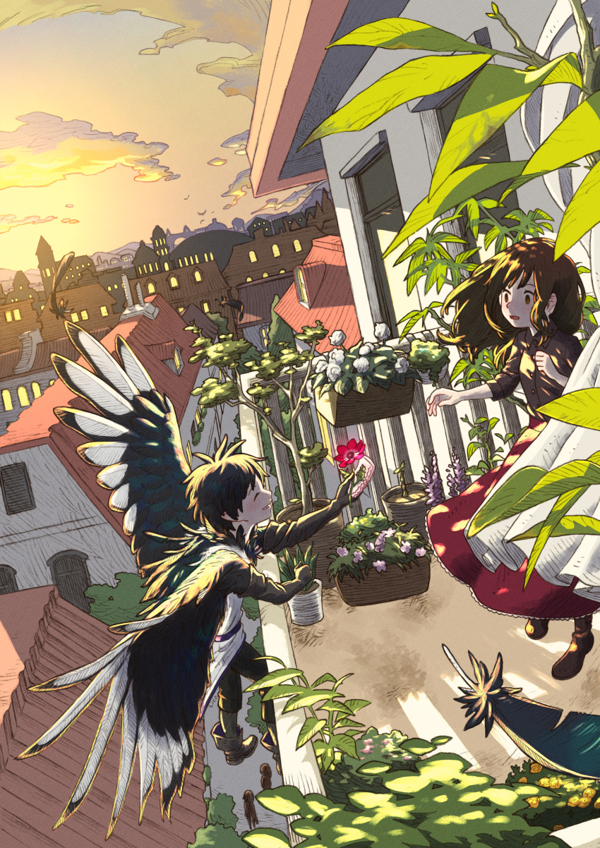 1boy 1girl :o absurdres artist_name balcony black_feathers black_hair boots brown_hair brown_shirt city closed_eyes dutch_angle english_commentary feathered_wings flower_box highres huge_filesize lico_(sasya_k) long_hair looking_at_another original outdoors shirt sunset tree wings