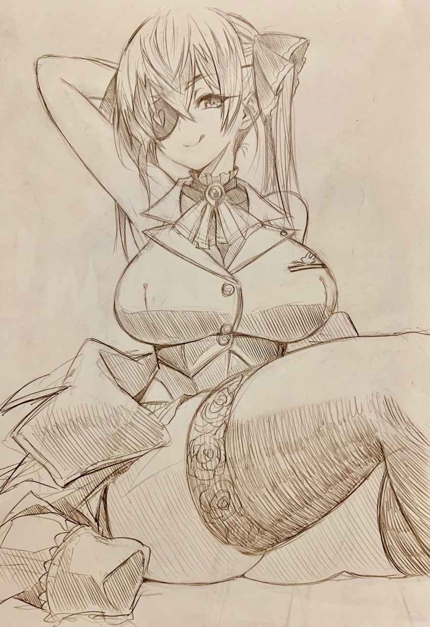 1girl :q arm_behind_head armpits breasts closed_mouth commentary_request highres hololive houshou_marine large_breasts looking_at_viewer medium_hair mitsuba-sama_(milkba-ng) monochrome sitting sketch smile solo thigh-highs tongue tongue_out twintails virtual_youtuber
