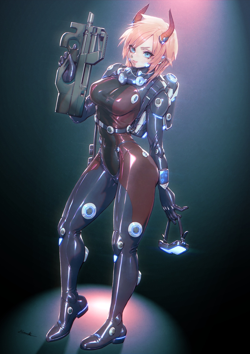 1girl backpack bag bangs blue_eyes bodysuit breasts goggles goggles_removed gradient gradient_background gun highres holding holding_goggles holding_gun holding_weapon horns kio_naoki looking_at_viewer mask mask_around_neck medium_breasts original redhead respirator shiny shiny_clothes short_hair solo standing weapon
