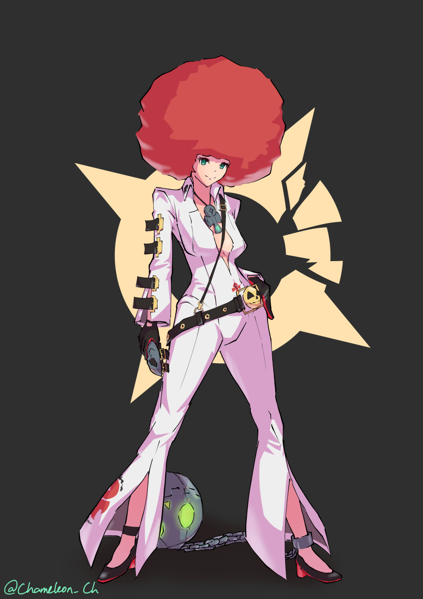 1girl absurdres afro alternate_hairstyle ankh ankh_necklace ball_and_chain_restraint bellbottoms belt bodysuit broken_halo buckle green_eyes guilty_gear guilty_gear_strive halo highres jack-o'_valentine redhead solo white_bodysuit
