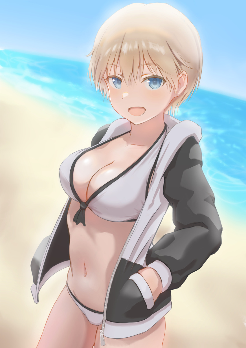 1girl :d beach blonde_hair blue_eyes brave_witches breasts commentary_request hands_in_pockets highres jacket jacket_over_swimsuit large_breasts looking_at_viewer lowlegist navel nikka_edvardine_katajainen open_mouth smile solo swimsuit white_swimsuit world_witches_series