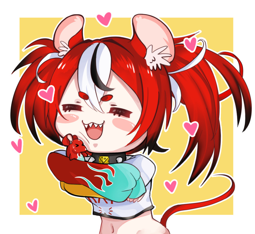 &gt;_&lt; 1girl animal_ear_fluff animal_ears black_hair blush cheese closed_eyes collar eyebrows_visible_through_hair food hair_between_eyes hakos_baelz heart highres hololive hug lighto long_sleeves messy_hair mouse_ears mouse_girl mouse_tail multicolored_hair navel open_mouth redhead rodent sharp_teeth shirt solo streaked_hair tail teeth two-tone_background upper_body virtual_youtuber white_hair white_shirt